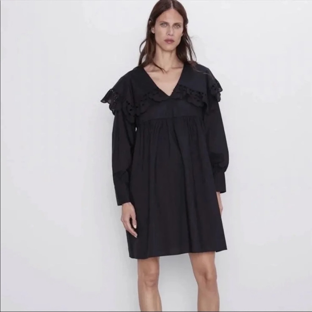 NEW with Tag Zara Peter Pan Collar Poplin Lace Dress Black Medium